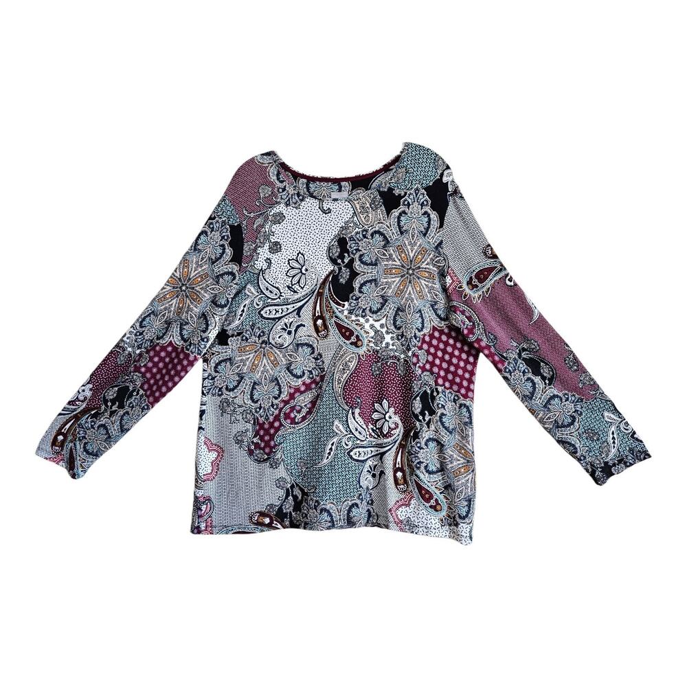 CHICO'S 3 Women's XL Tunic Top Paisley Burgundy Teal Bohemian Long Sleeve 46"
